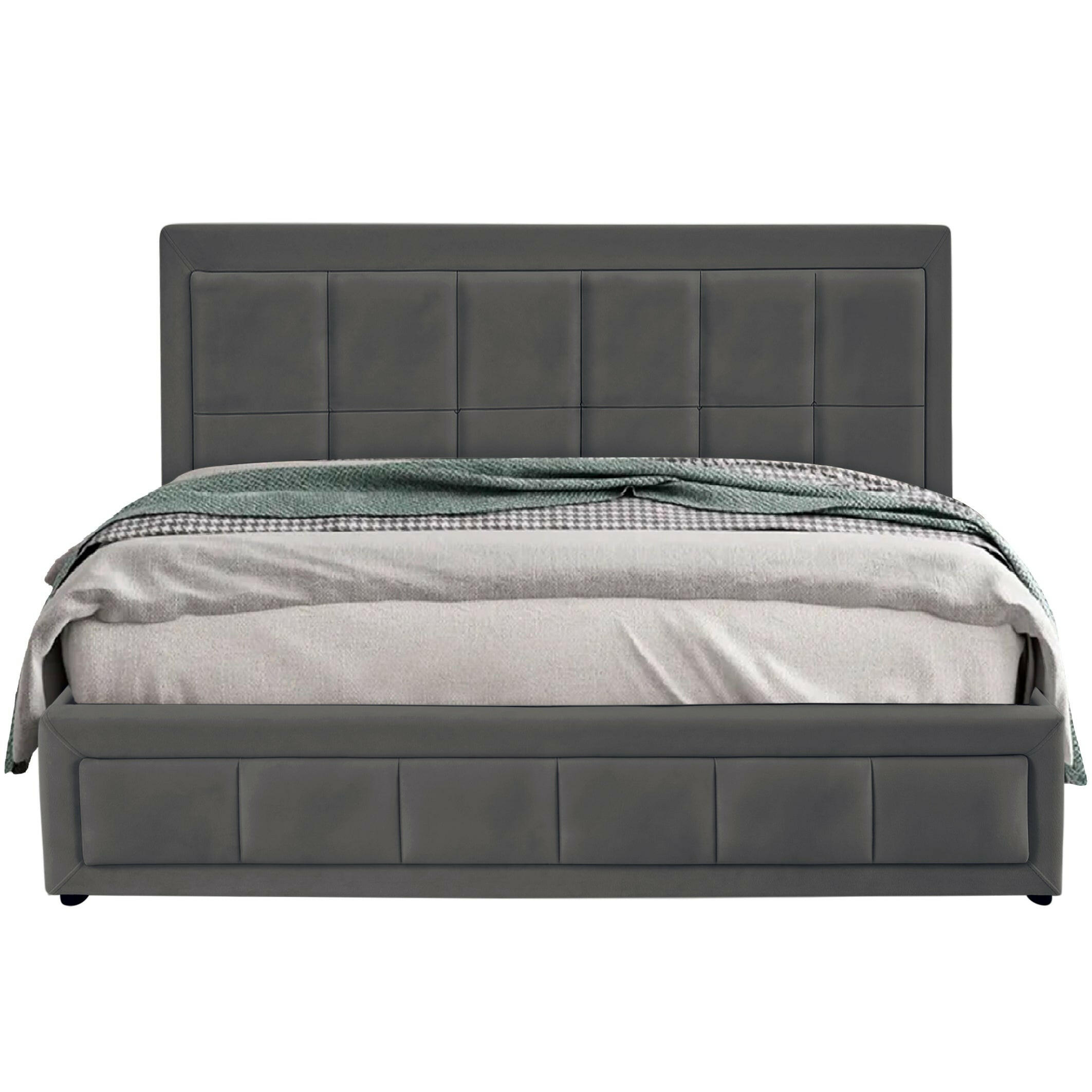 Small double ottoman bed with mattress, offering spacious storage and cozy comfort.