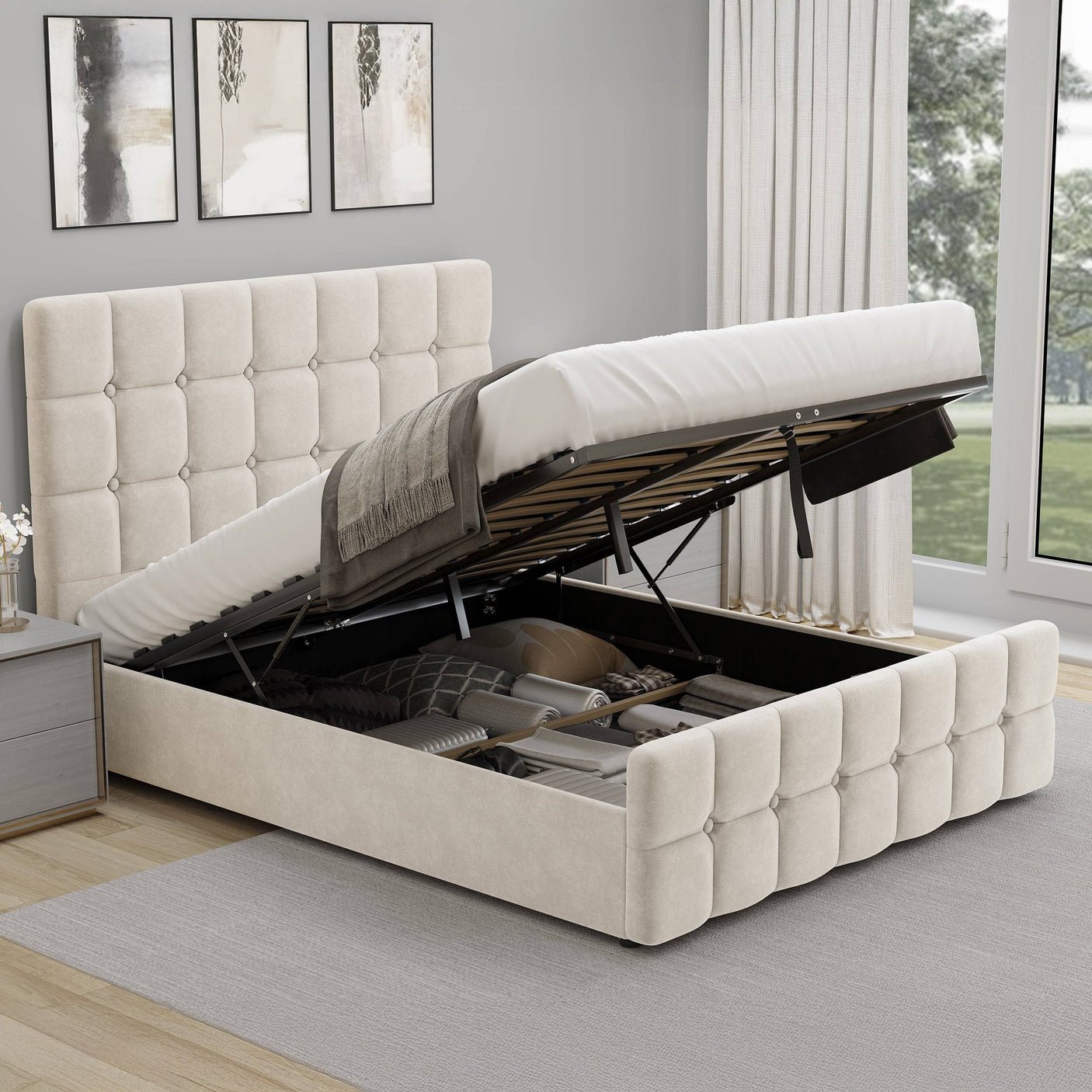 Blisswood Velvet Square Design Ottoman Storage Bed