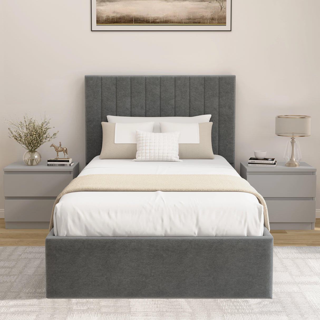 Vertical Line Ottoman Storage Bed in grey velvet with high headboard and under-bed storage. Modern platform bed frame for stylish bedroom interiors.