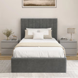 Vertical Line Ottoman Storage Bed in grey velvet with high headboard and under-bed storage. Modern platform bed frame for stylish bedroom interiors.