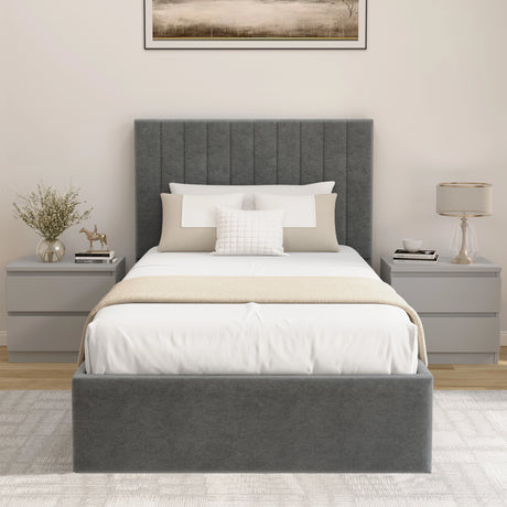 Vertical Line Ottoman Storage Bed in grey velvet with high headboard and under-bed storage. Modern platform bed frame for stylish bedroom interiors.