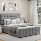 Ottoman storage small double bed in light grey, featuring cushions and a comfortable mattress.