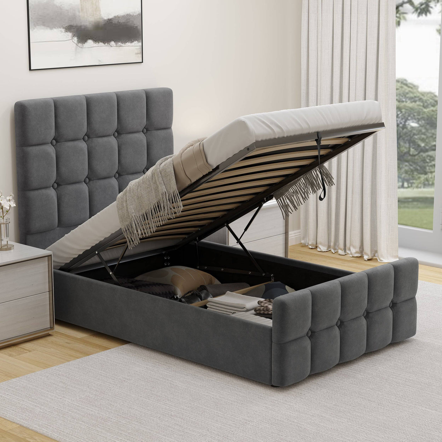 Blisswood Velvet Square Design Ottoman Storage Bed