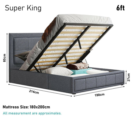 Ottoman super king size bed with lift-up storage, dimensions, and mattress size details.