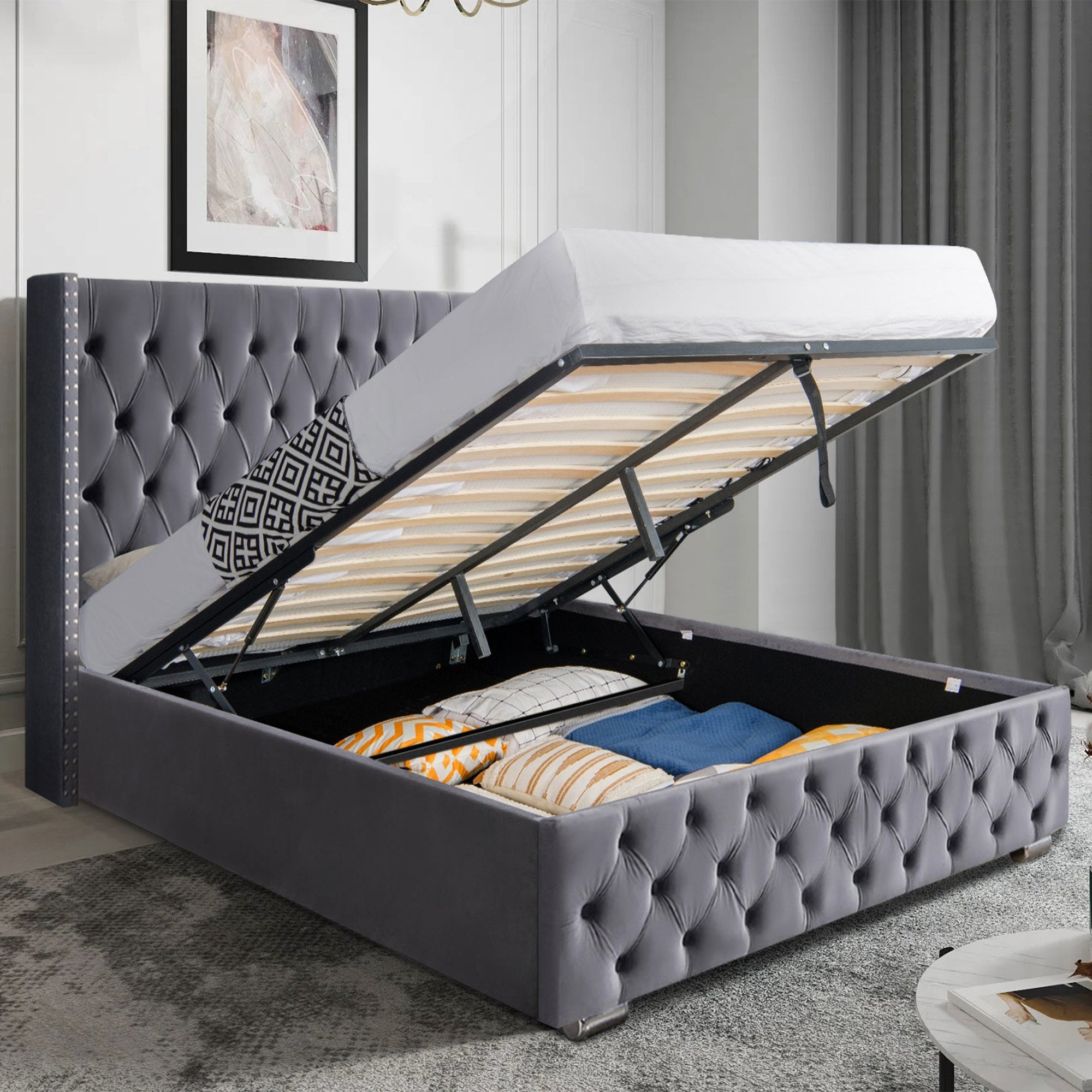 Blisswood Ottoman Bed with Storage & Headboard - Velvet Cross Design