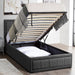 Dark grey ottoman bed with lift-up storage and hidden bedding compartment.