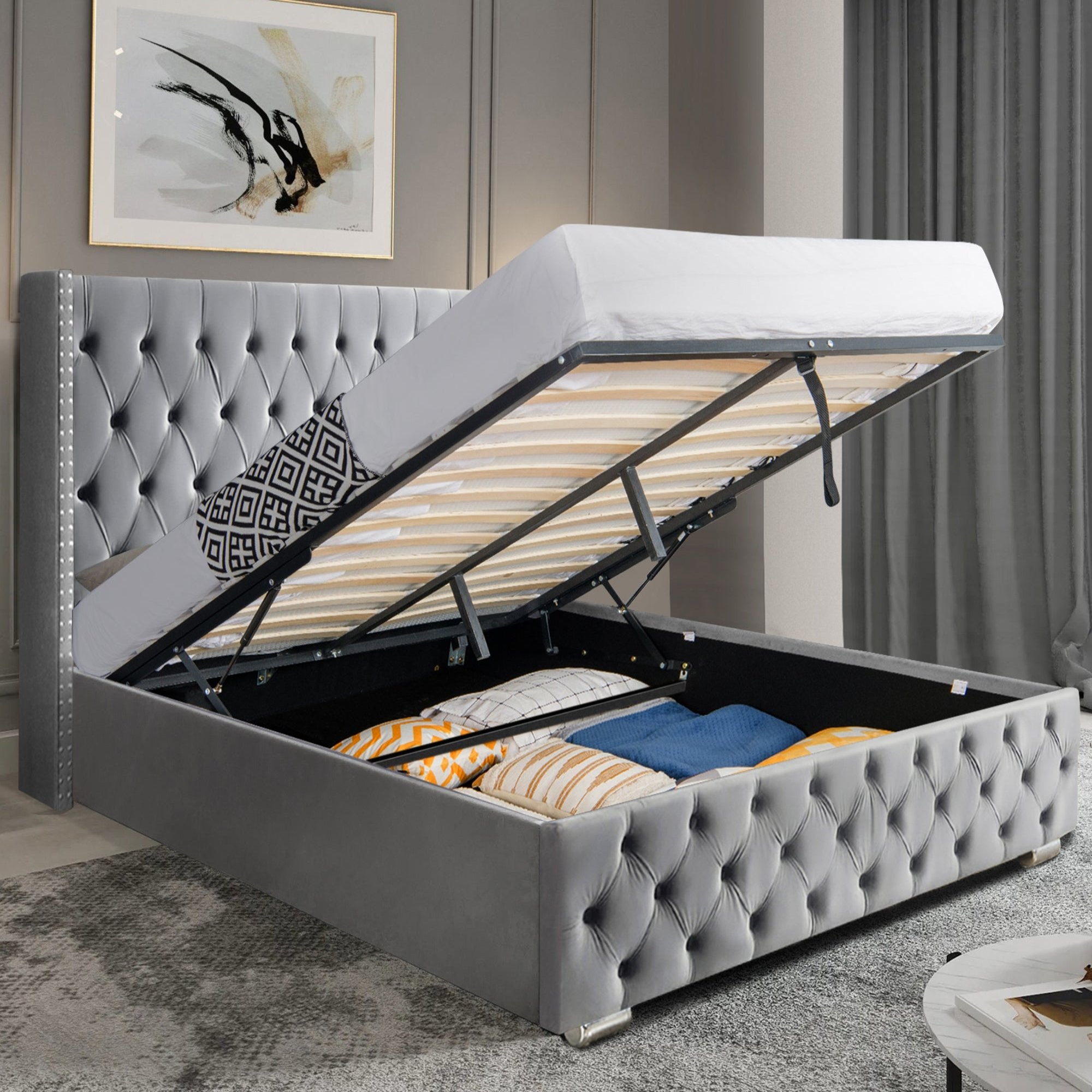 Blisswood Ottoman Bed with Storage & Headboard - Velvet Cross Design