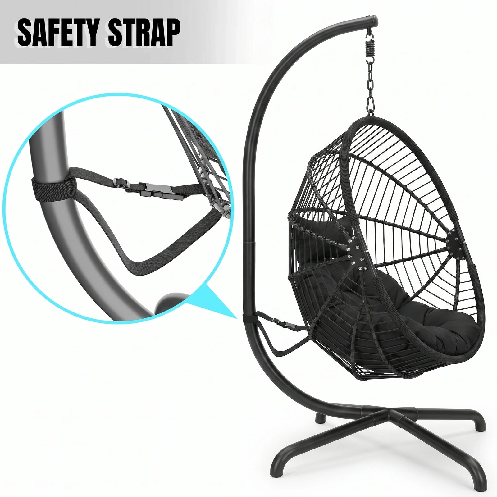 [Black] hanging chair with safety strap feature on a white background