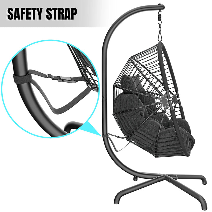 [Black] Outdoor hanging egg chair with safety strap, sturdy stand, and comfortable black cushions.