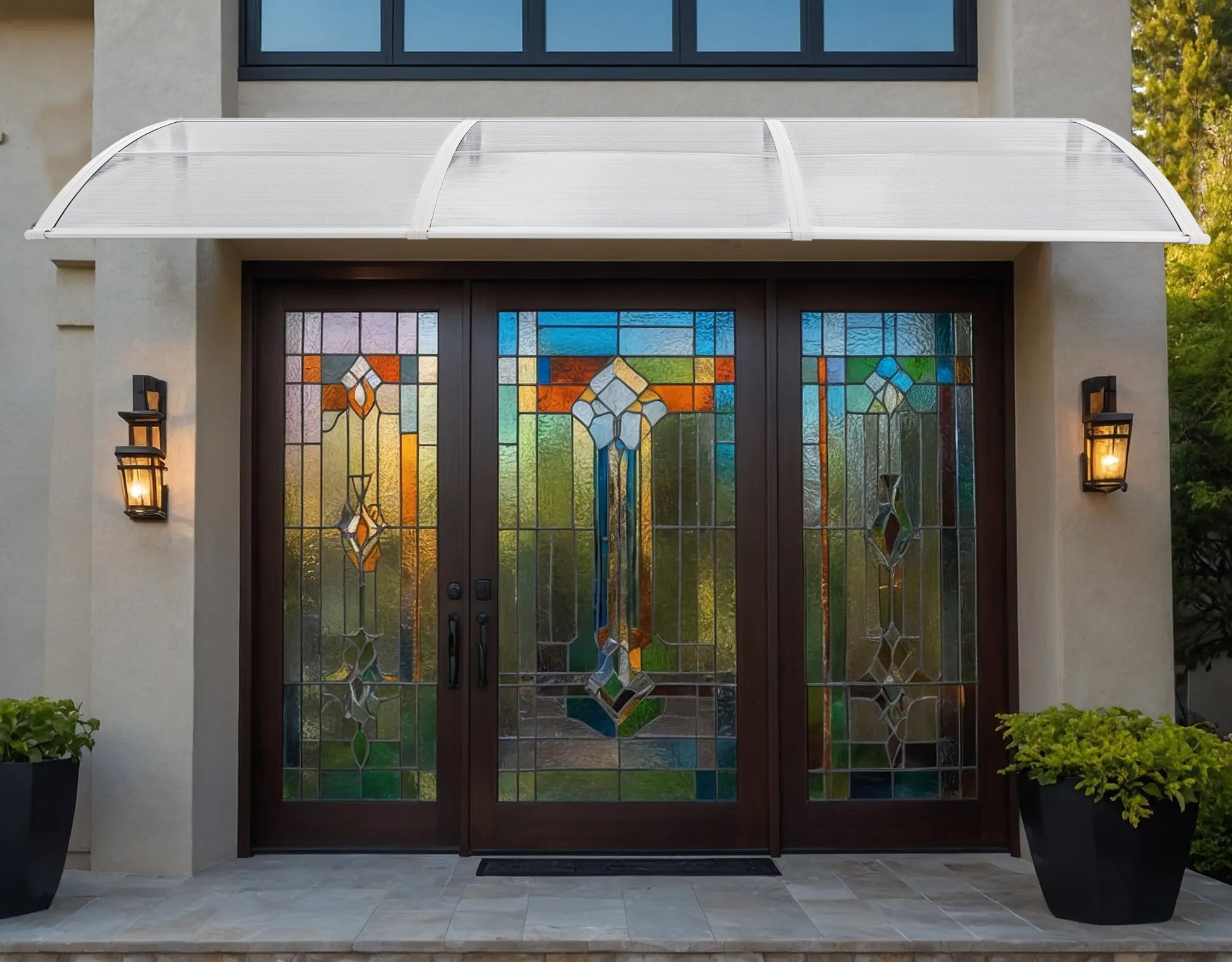 Modern outdoor over door canopy with white frame, mounted above elegant stained glass doors.