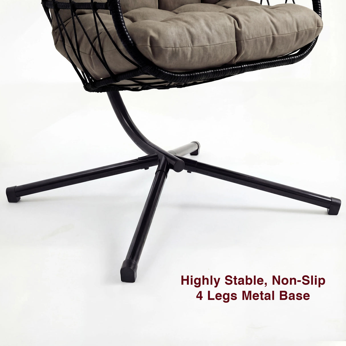 A comfortable outdoor swing egg chair with non slip 4 cross leg stand, perfect for relaxing in your garden or patio, offering a cozy retreat.