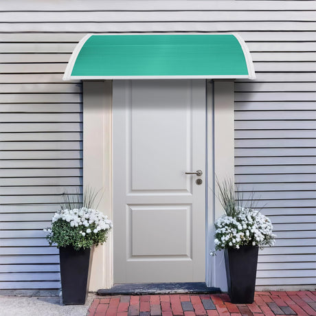 Green outside door canopy with a curved polycarbonate sunshade and white ABS brackets.