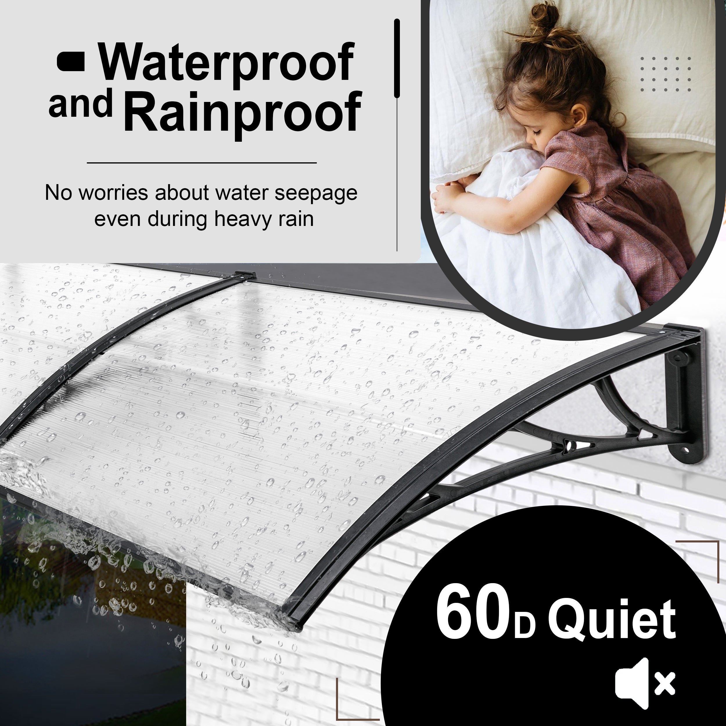 Waterproof and rainproof outside front door canopy with noise reduction for quiet, dry entry.