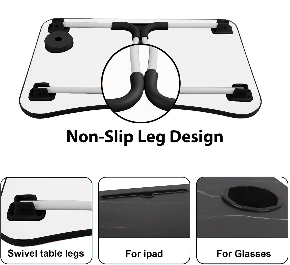 Over bed laptop table with non-slip legs and swivel design for added comfort.