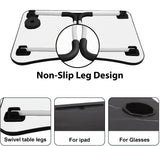 Over bed laptop table with non-slip legs and swivel design for added comfort.