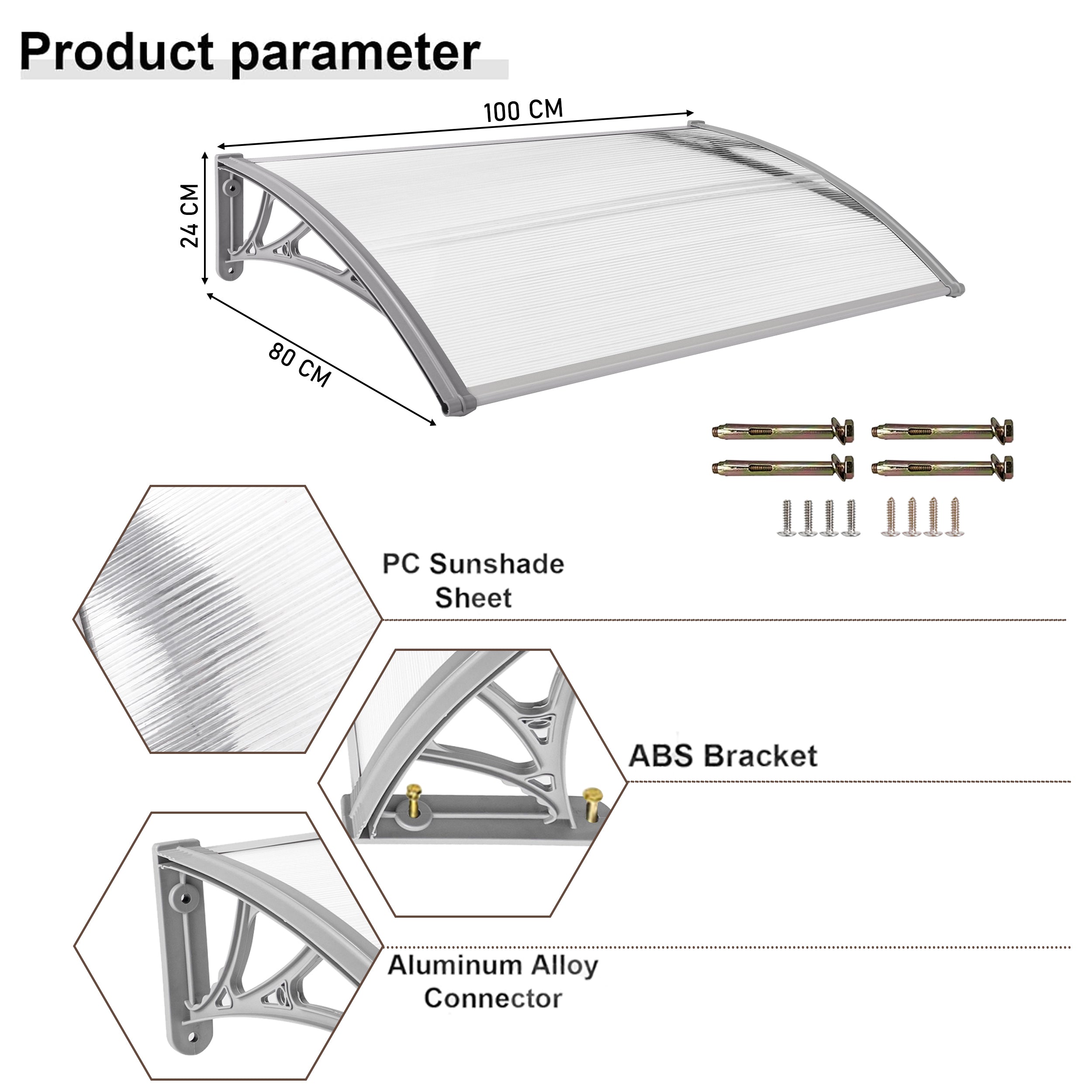 Over door canopy with polycarbonate sheet, ABS bracket, and aluminum alloy connectors.