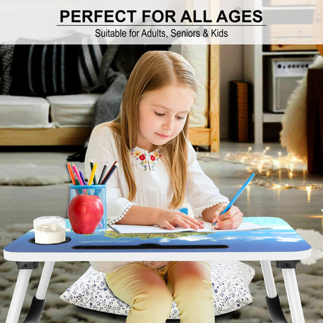 Overbed laptop table, perfect for all ages, providing comfort and ease for bed use.