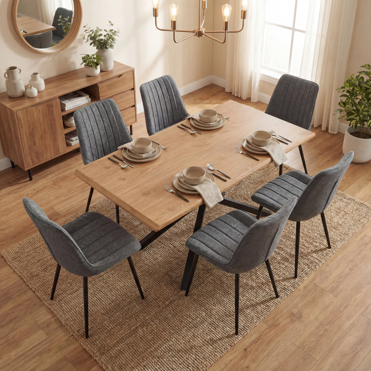 Overhead shot of Xylon dining table set, featuring 6 grey striped chairs and a neutral light dining room layout.