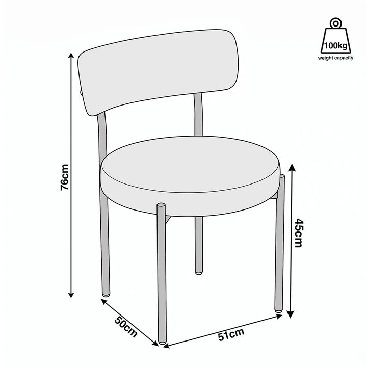 [Cream | Set of 4] Dimensions diagram for dining chair showing 76cm height, 45cm seat height, 51cm width, 50cm depth, and 100kg capacity