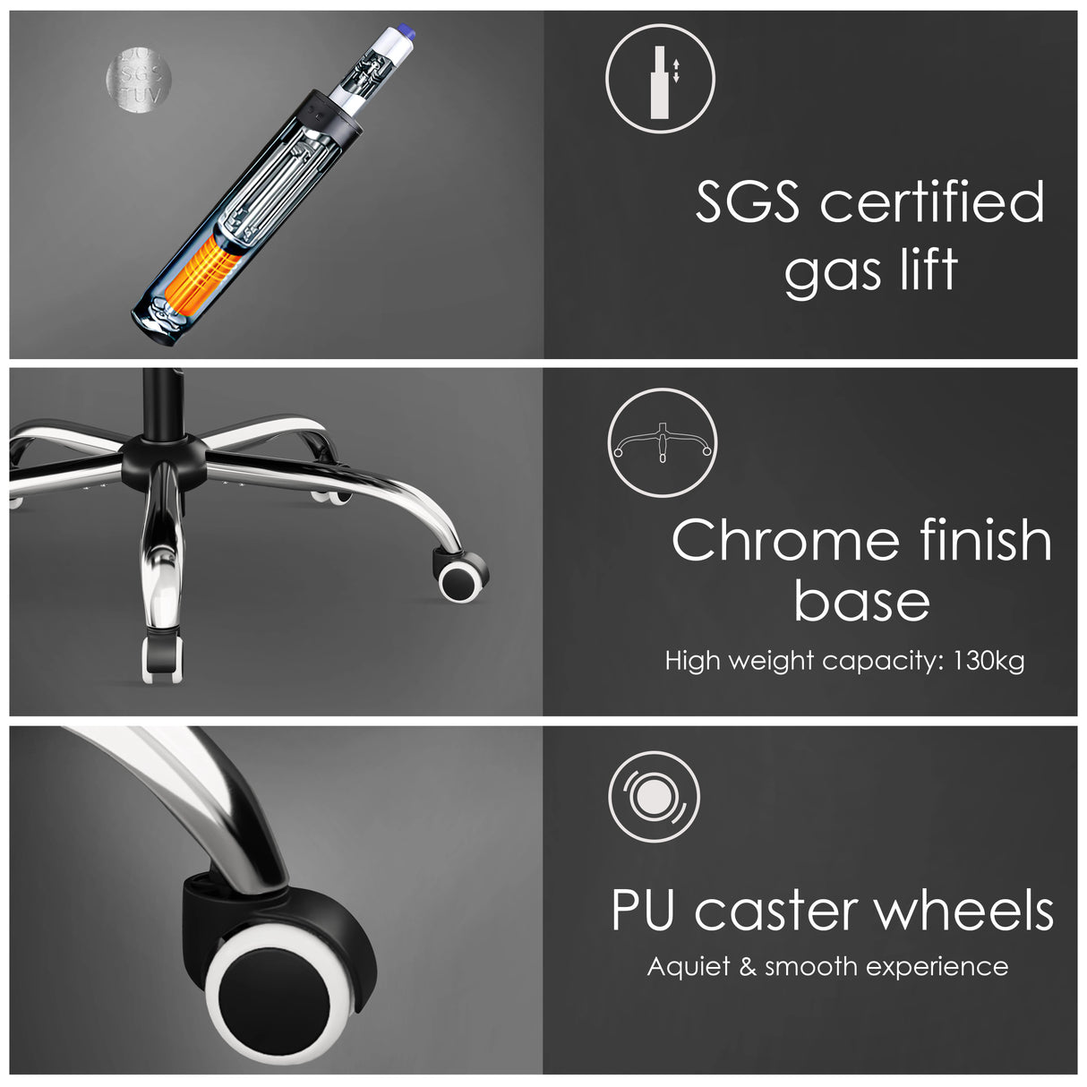 Xstriker Gaming Chair With Footrest features an SGS certified gas lift for adjustable height and safety. Ideal for home or office gaming setups.