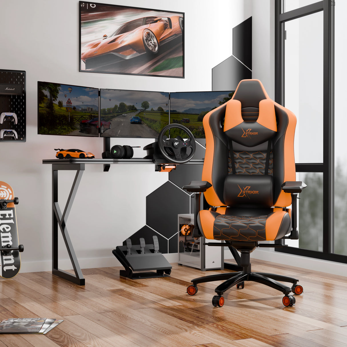 Gaming setup with an orange and black gaming chair, desk, and multiple monitors in a room.