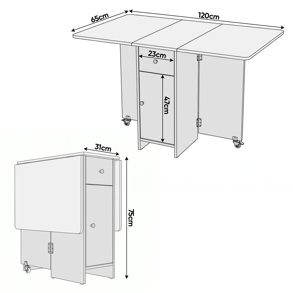 [Pine] Size guide for a 120cm rectangular dining table showing 65cm deep and 75cm high, folding to a compact 31cm width only.