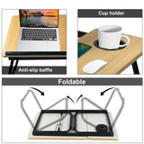 Pine adjustable laptop table with cup holder, foldable design, and anti-slip baffle.