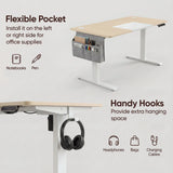 Pine Electric Standing Desk features flexible side pockets and handy hooks for organizing office supplies like notebooks, pens, and headphones.
