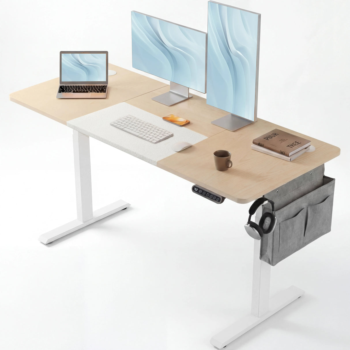 Modern Pine Electric Standing Desk setup with dual monitors, laptop, keyboard, and side storage pocket, perfect for productive home office use.