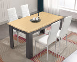 Pine dining table with white chairs, a perfect blend of natural wood and modern style.