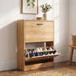 [Pine] Pine shoe cabinet 2 door with lower pull-down drawer open; decor and potted plant placed neatly on top.