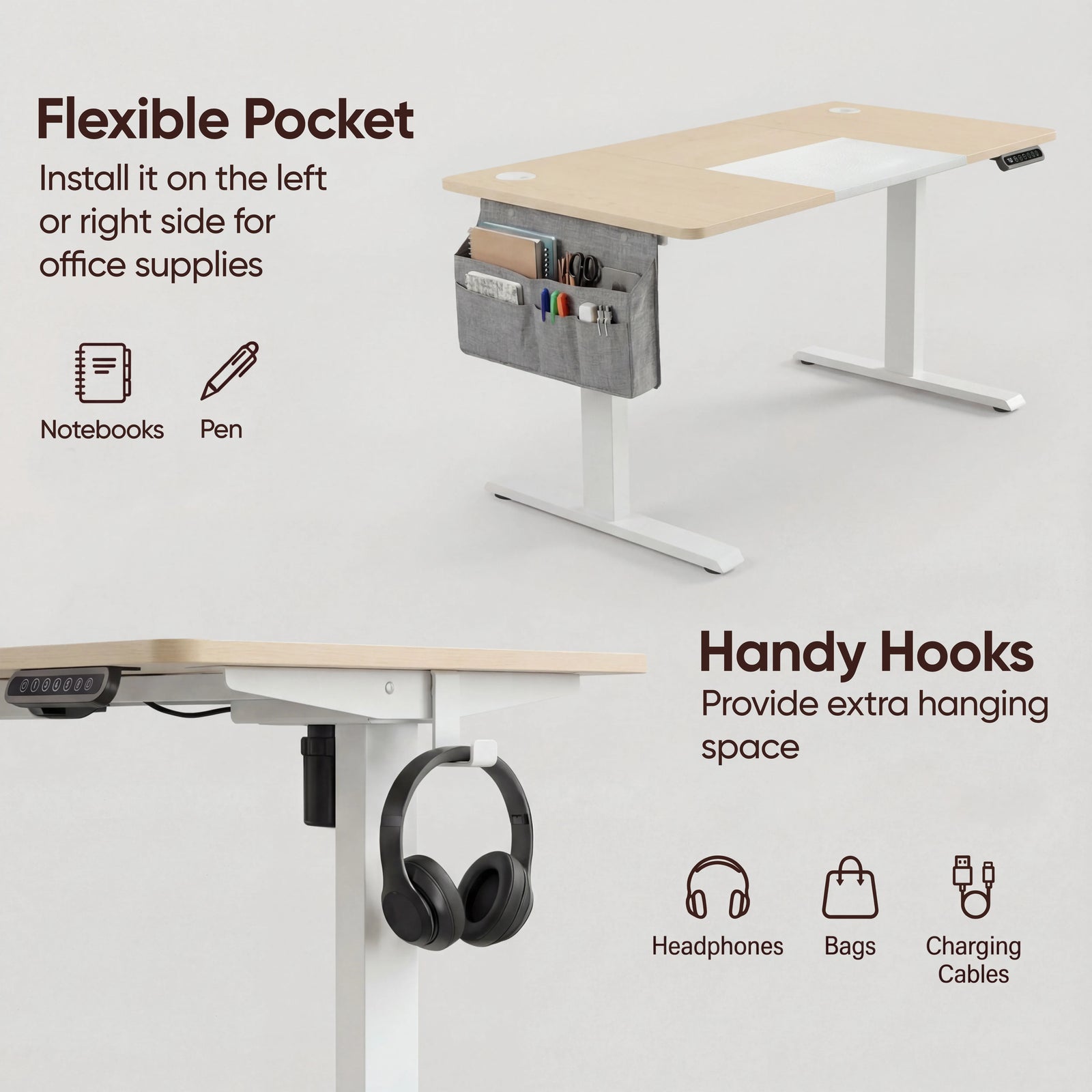 [160cm x 70cm] flexible fabric pocket and handy under-desk hooks on 160cm pine standing desk, headphones hung below edge