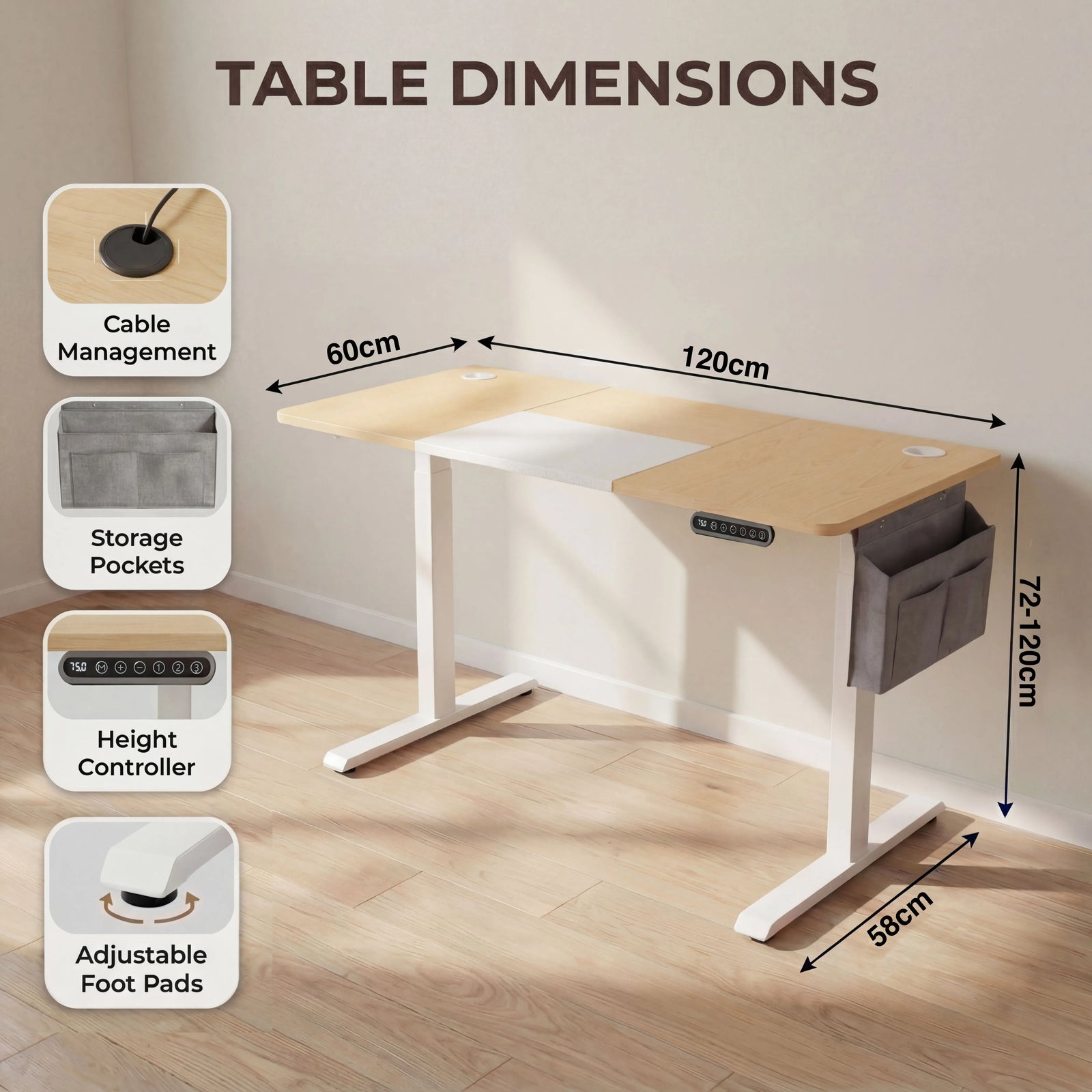 [120cm x 60cm] dimensions diagram pine standing desk 120cm width, 60cm depth, 72 to 120cm height adjustment range