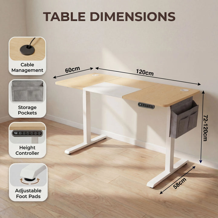 [120cm x 60cm] dimensions diagram pine standing desk 120cm width, 60cm depth, 72 to 120cm height adjustment range
