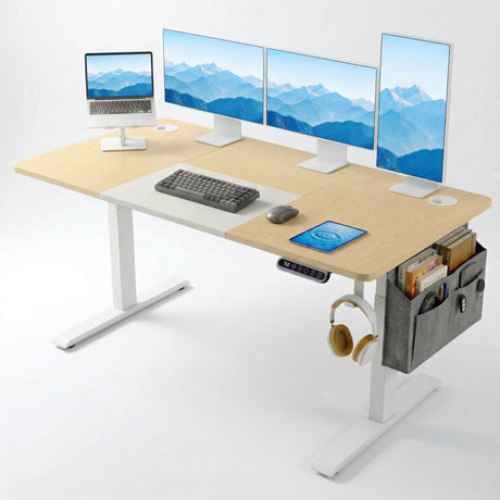 [160cm x 70cm] Pine Electric Standing Desk styled with three monitors, laptop stand, mechanical keyboard, tablet, side organiser, and headphones