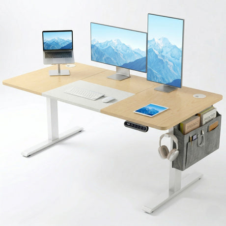 [140cm x 60cm] Pine Electric Standing Desk styled with triple screen and laptop stand setup, desk mat, tablet, side organiser, and headphones