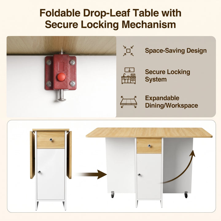 [Pine] Drop leaf dining table lock guide showing the red locking catch and steps from folded to fully open using side leaves.