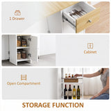 [Pine] Folding dining table with storage guide showing a cutlery drawer, two-shelf cabinet & two open side shelves with rods.