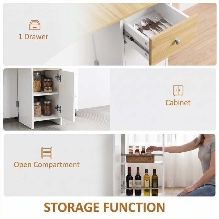 [Pine] Folding dining table with storage guide showing a cutlery drawer, two-shelf cabinet & two open side shelves with rods.