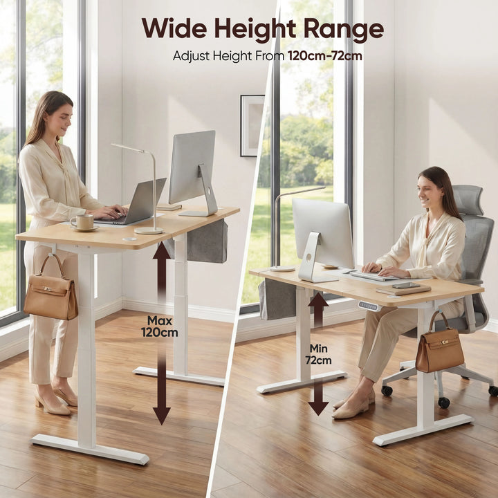 [110cm x 60cm] two-figure comparison around 110cm pine standing desk, max 120cm standing left, min 72cm seated right