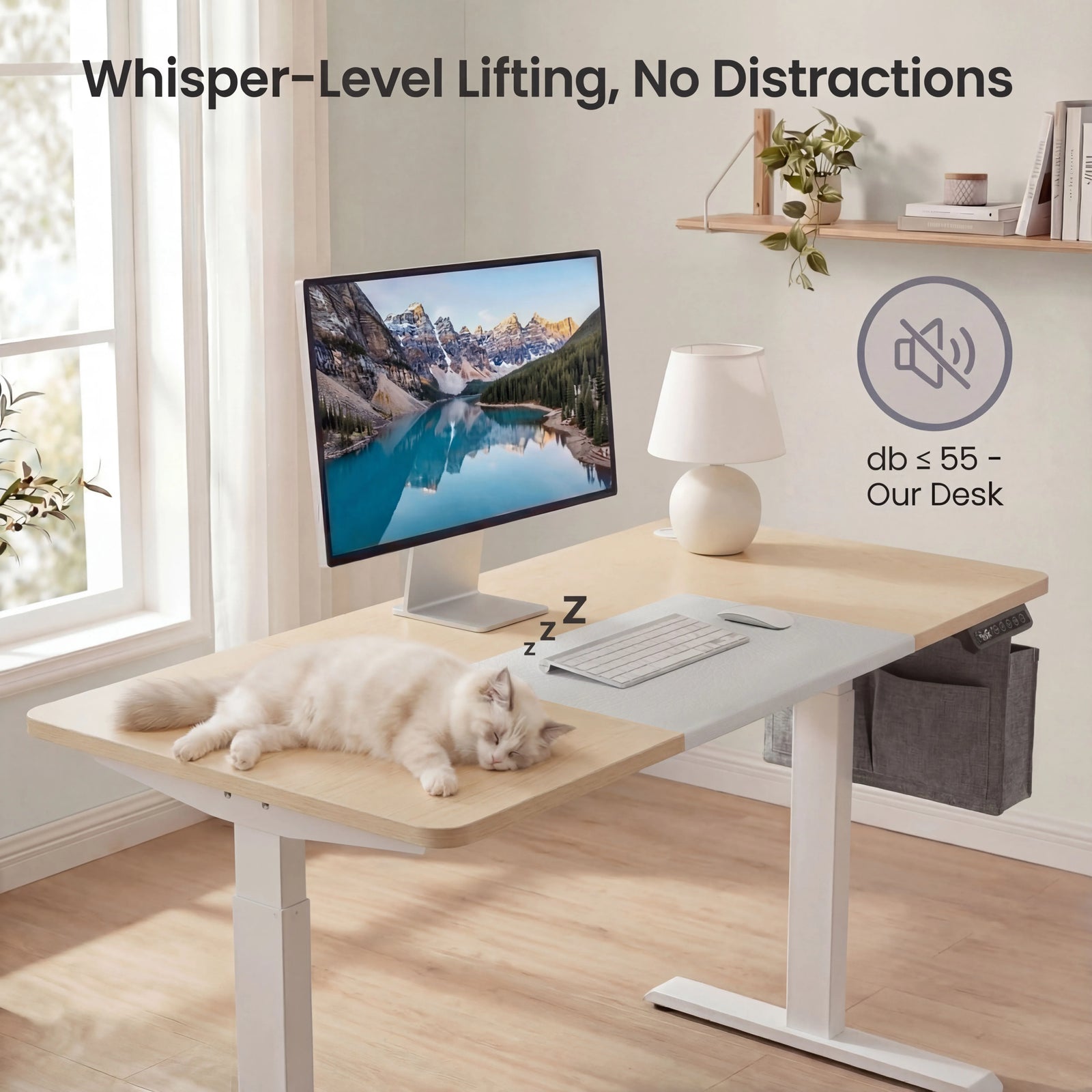 [110cm x 60cm] pine standing desk 110cm quiet-motor shot, cat resting beside keyboard, mountain photo on shelf above