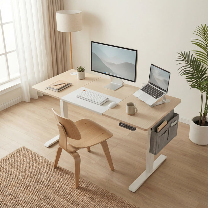 [160cm x 70cm] pine standing desk 160cm in lifestyle room, oak chair on rug, plant pot, monitors and laptop stand on desk