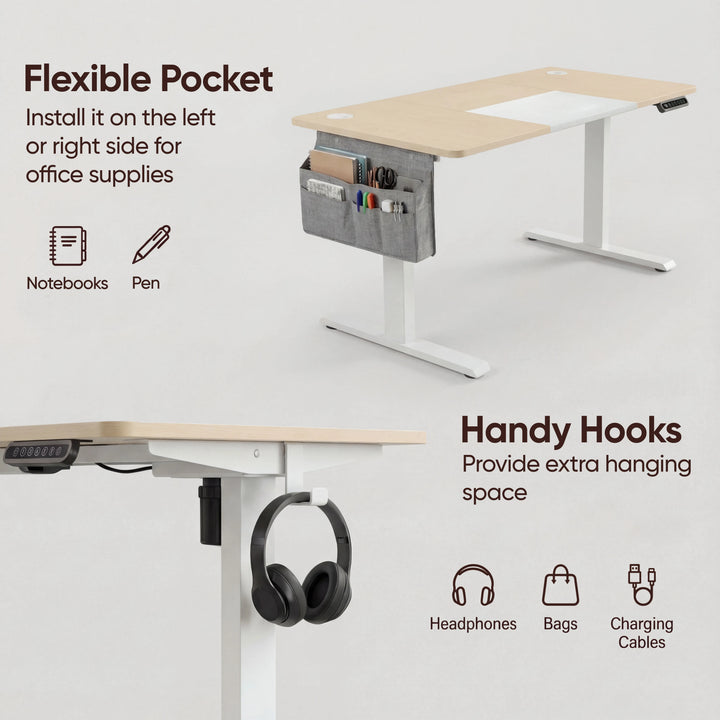 [110cm x 60cm] flexible fabric pocket and handy under-desk hooks on 110cm pine standing desk, headphones hung below edge
