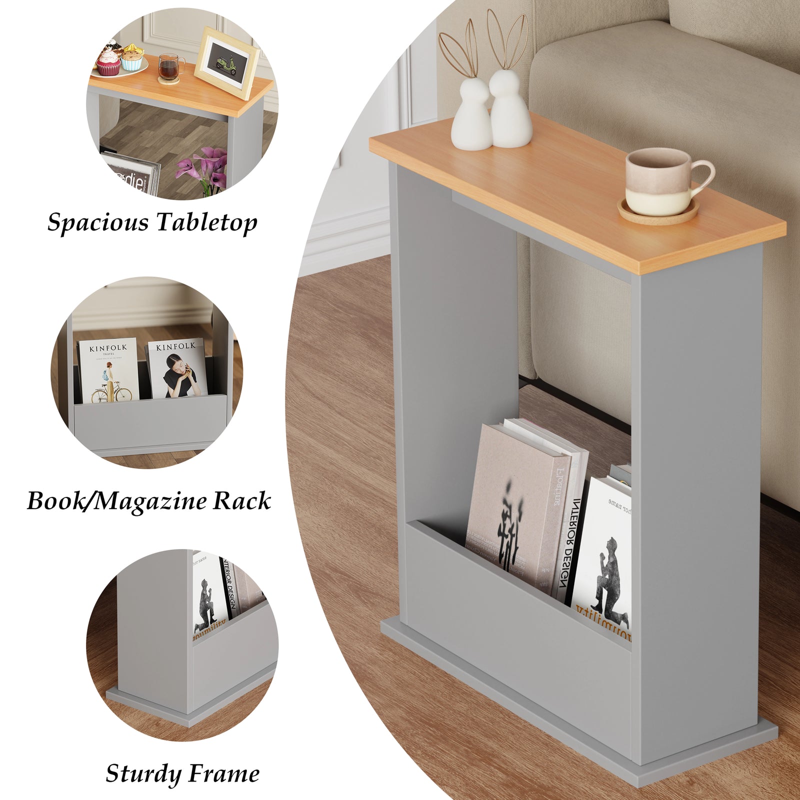 [Pine + Silver Grey] mini table in grey with oak top and three insets for frame durability, magazine holder, and tabletop space