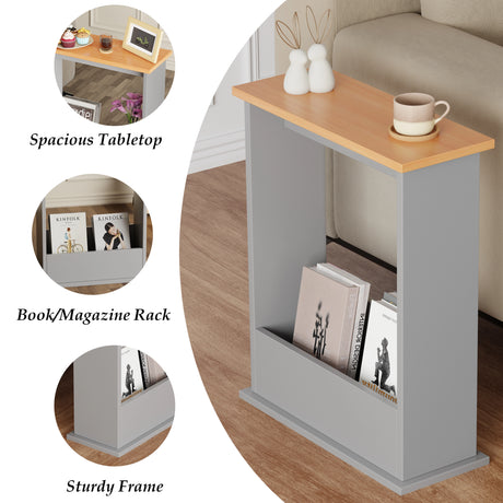 mini table in grey with oak top and three insets for frame durability, magazine holder, and tabletop space
