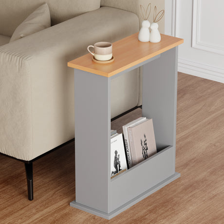 end table in grey with oak top used in living room, books in lower storage and coffee on top