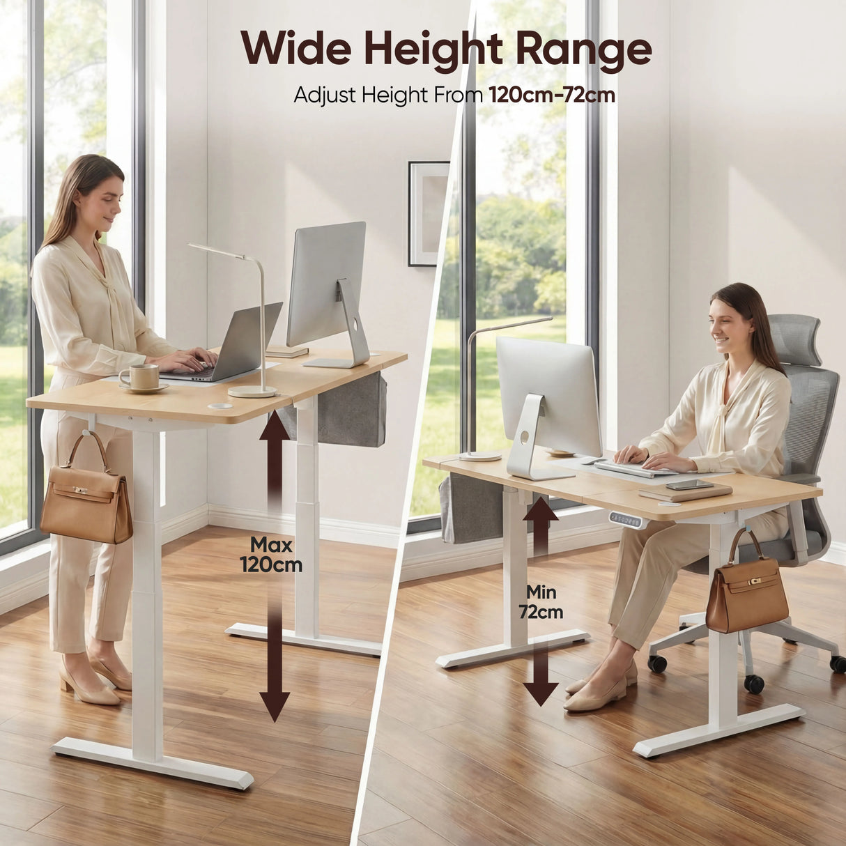 Adjustable Pine Electric Standing Desk with height range from 72cm to 120cm, shown in sitting and standing positions for ergonomic flexibility.