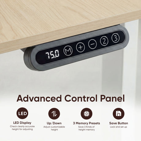 Close-up of Pine Electric Standing Desk's advanced control panel with LED display and memory presets. Enables easy height adjustments.