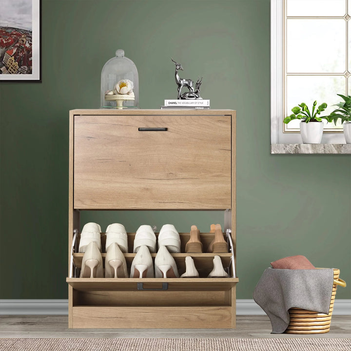 [Pine] 12 pair shoe storage cabinet in pine with bottom pull-down drawer open, showing wellies and casual shoes.