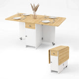 [Pine] Space saving folding dining table for four shown fully open and shown compact with both pine-effect drop leaves folded